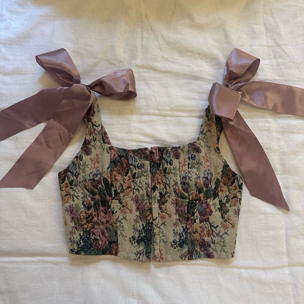 Wild Fable Floral Tapestry Crop Top with Purple Bows